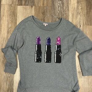 Juicy Couture Womens Large Gray Sequined Lipstick Crew Neck Terry Sweatshirt
